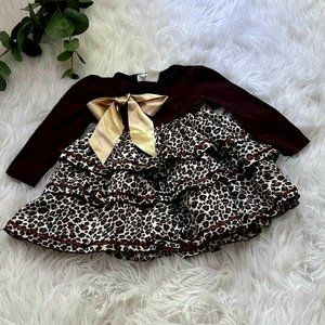 Girls Leopard Rhumba Tier Ruffle Dress Satin Bow